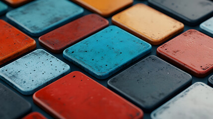 Poster - A close-up view of colorful rectangular tiles arranged in a pattern, showcasing various shades and textures, creating a visually appealing mosaic effect