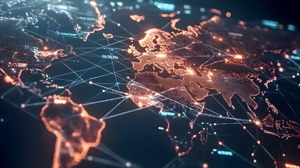 Poster - Stunning Global Network Visualization with Connections and Data Points Across Europe and Asia in Bright Digital Colors