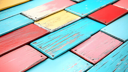 Poster - Colorful, weathered wooden tiles arranged in a patchwork pattern, showcasing vibrant hues of blue, red, and yellow with a rustic finish