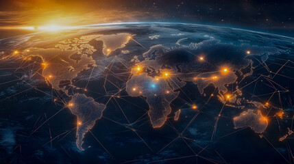 Poster - Digital Global Network Concept with Illuminated Connections and Earth View at Sunset Showing Technology and Communication in Modern World