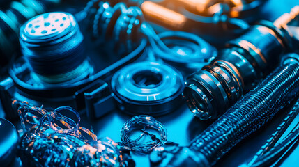 Aufkleber - A close-up view of various metallic objects and tools arranged artistically, featuring intricate detailing and vibrant blue lighting