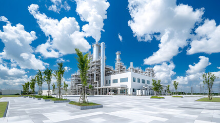 Poster - A modern industrial facility surrounded by lush greenery under a bright blue sky with scattered clouds, showcasing a harmonious blend of nature and industry