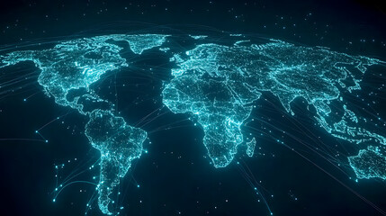 Poster - Digital representation of global network connections across continents highlighting cities illuminated in blue light on a dark background