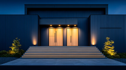 Aufkleber - A modern entrance featuring elegant double doors, illuminated steps, and stylish landscaping, set in a contemporary architectural design at dusk