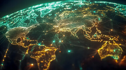 Poster - Detailed View of a Global Map Illuminated by Lights Representing Urban Areas and Connectivity Across Continents at Night