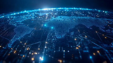 Poster - Digital World Map with Data Connections and Network Visualization Representing Global Technology and Communication in Blue Tones
