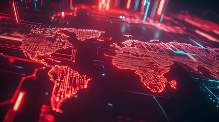 Poster - Futuristic Digital World Map with Red Neon Lights and Circuit Patterns on Dark Background for Technology and Data Visualization Concepts