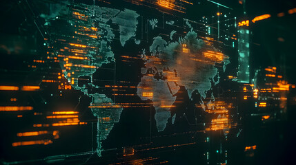 Poster - Abstract digital world map with glowing data streams and technological elements in futuristic style for backgrounds and tech-related projects