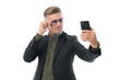 © be free - Selfie man. Stylish influencer on video call. Businessman making selfie. Business blog. Video call for business. Man making video blog on smartphone. Blogging on smartphone selfie. Male style