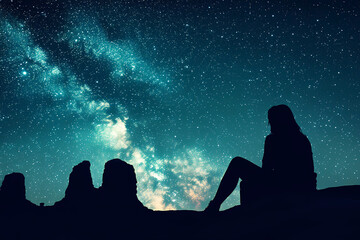 Wall Mural - A silhouette of a woman sitting on a rock with a starry sky in the background