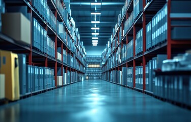 Poster - A Wide-Angle View of a Modern Warehouse Interior with Neatly Organized Shelves, Boxes, and Files Illuminated by Bright Overhead Lighting in a Spacious Environment