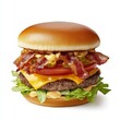 © aubriella - A classic double bacon cheeseburger with lettuce and tomato, isolated white background, surrealism art style