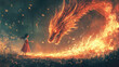 © 3AI studio - Epic encounter young girl meets fiery dragon in enchanted forest fantasy artwork dramatic atmosphere engaging perspective