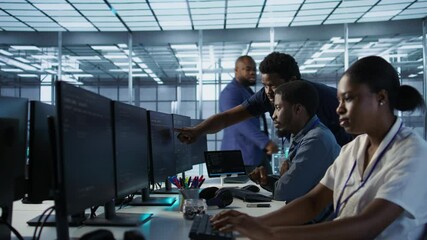 Poster - manager supervising server room workers developing disaster recovery plans ensuring minimal downtime