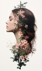 Wall Mural - A profile silhouette filled with floral elements and greenery.