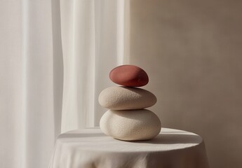 Poster - Aesthetic Composition of Smooth Pebbles Stacked on a Soft Surface with Natural Light and Minimalist Background Creating a Serene Atmosphere for Home Decor