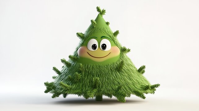 Cartoon 3D funny Christmas tree with vibrant colors and detailed decorations, rendered in 3D for a playful and festive look, set against a clean white background, perfect for holiday-themed designs 