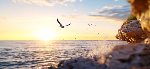 Wall Mural - Serene seaside sunset with a flying bird and gentle waves.