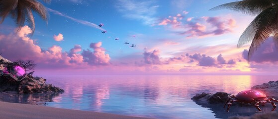 Wall Mural - Serene beach scene with colorful clouds and tranquil water.