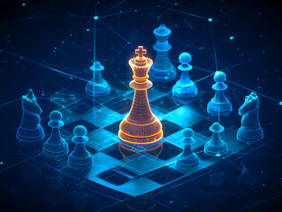 futuristic digital chessboard with glowing pieces, highlighting the king in a strategic setup. a ble