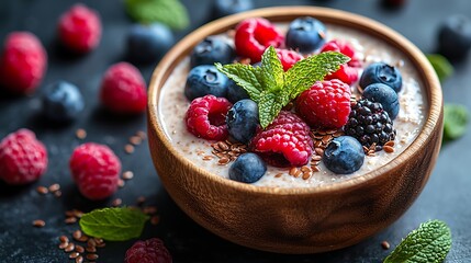 Wall Mural - A vibrant bowl of yogurt topped with fresh raspberries, blueberries, and mint leaves, surrounded by scattered berries on a dark surface.