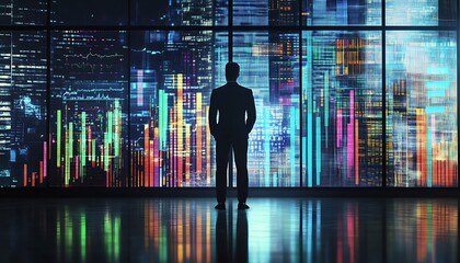 Poster - A silhouetted figure stands before a vibrant cityscape, symbolizing business and finance.