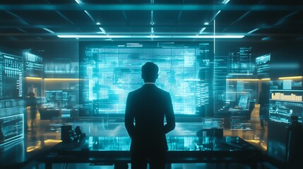 Poster - A silhouette of a person in a futuristic control room with digital displays and data visualizations.