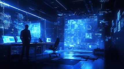 Poster - A futuristic office with holographic displays and a silhouette analyzing data.