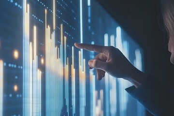  - Woman interacting with a digital display showing data visualizations.
