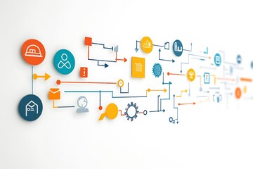 Poster - abstract illustration of interconnected icons representing processes and communication.