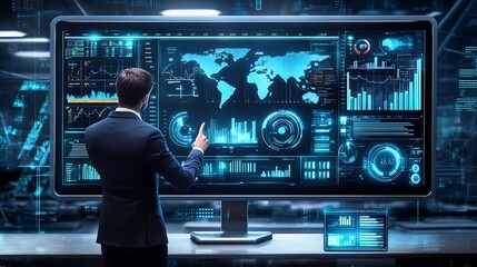 Poster - a businessman interacts with a futuristic data interface displaying global analytics.