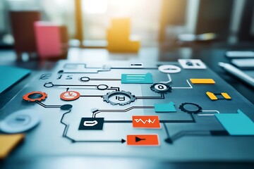 Poster - digital interface design featuring interconnected icons and symbols for technology and data flow.