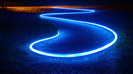 Wall Mural - long exposure photograph of blue neon light trails on a curved path against a dark background, evoki