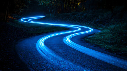 Wall Mural - long exposure photograph of blue neon light trails on a curved path against a dark background, evoki