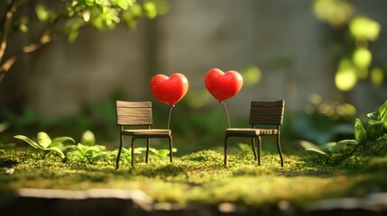 Sticker - Heartwarming diorama scene: two chairs with heart-shaped balloons in a tranquil miniature park with greenery.