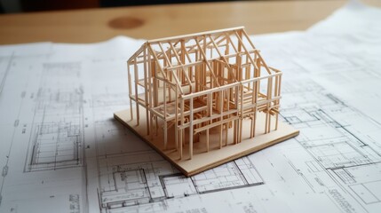 Poster - Wooden Model of House Construction on Architectural Blueprints