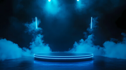 Wall Mural - Illuminated stage with scenic lights and smoke. blue spotlight with smoke volume light effect on black background. stadium cloudiness projector, generative ai. Illuminated. Illustration