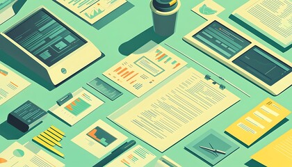 Poster - A flat lay of documents, charts, and devices, illustrating a workspace focused on data analysis.