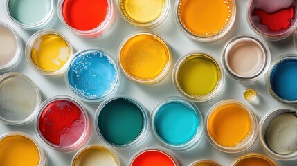 Poster - Colorful Paint Dots in Containers on a Bright Table Surface