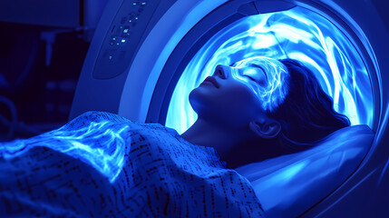 Wall Mural - A woman lies inside an mri machine, her head illuminated with a bright, swirling light. Illuminated. Illustration