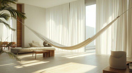 Poster - Bright and airy living room interior design with floor-length white curtains, Scandinavian furniture, and a modern indoor hammock.