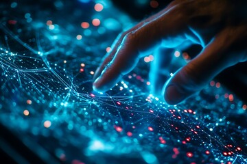 Poster - A hand interacts with a digital network visualization, symbolizing technology and connectivity.