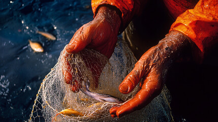 Fisherman's Hands, Net, Fish Catch, Ocean, Macro