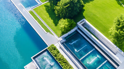 Poster - Aerial view of serene water features surrounded by lush greenery, showcasing modern landscape design and tranquil outdoor spaces
