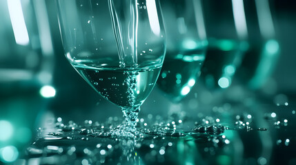 Poster - A close-up of glasses filled with water, capturing the dynamic movement of water droplets and reflections, creating a serene and refreshing atmosphere