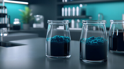 Poster - A modern kitchen scene featuring glass jars filled with vibrant blue and dark materials, set against a sleek, turquoise backdrop