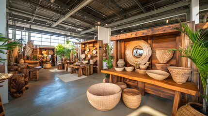 Fototapete - A vibrant interior showcasing handcrafted wooden furniture and woven baskets, with a bright, open atmosphere enhanced by greenery