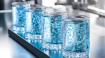 Aufkleber - Clear glasses filled with sparkling blue water, arranged neatly on a tray, creating a refreshing and vibrant display