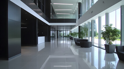Poster - A modern office lobby featuring sleek glass walls, polished floors, and greenery, creating a bright and inviting atmosphere
