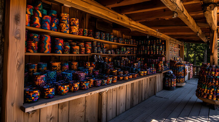 Poster - A vibrant display of handcrafted pottery fills a wooden stall, showcasing colorful designs in an inviting market setting
